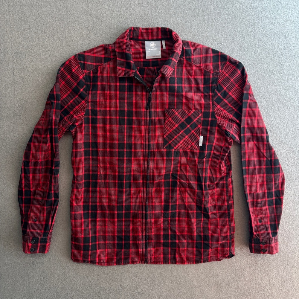 Mammut Jacket Large Men's Full Zip Lightweight Work Red Plaid Cotton Shirt